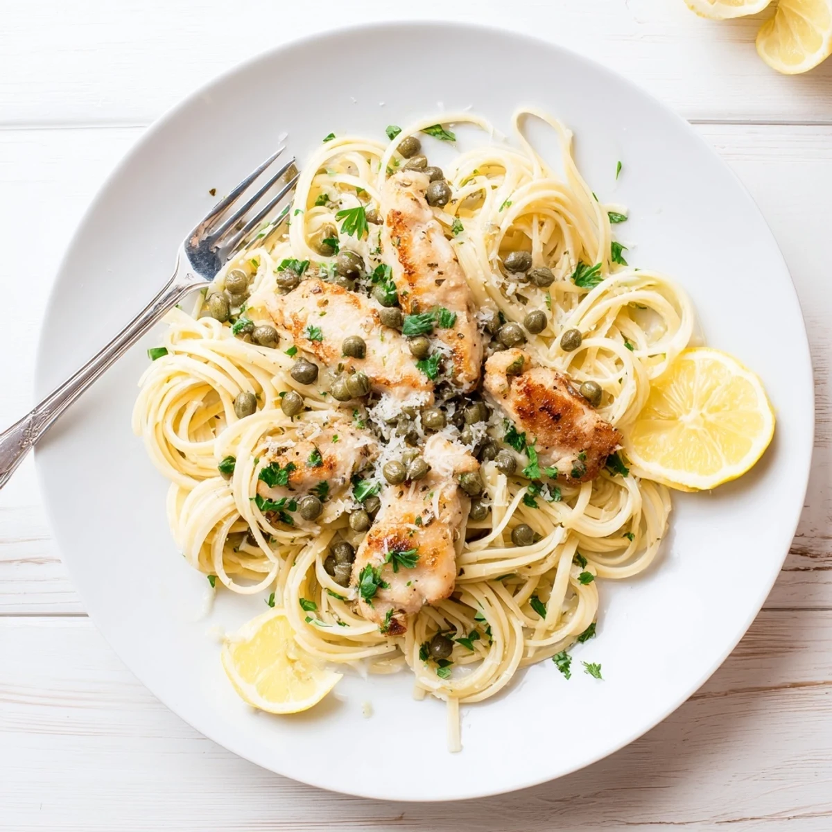 Golden chicken piccata pasta tossed in a velvety lemon caper sauce with fresh parsley sprinkles