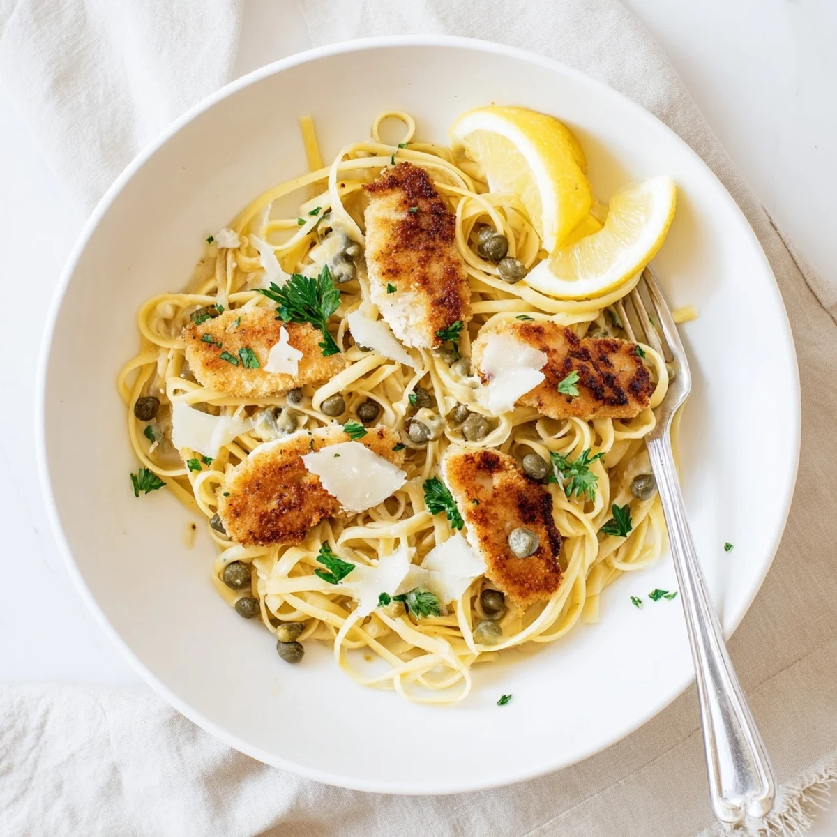 Creamy chicken piccata pasta dish garnished with grated Parmesan and bright lemon wheel slices