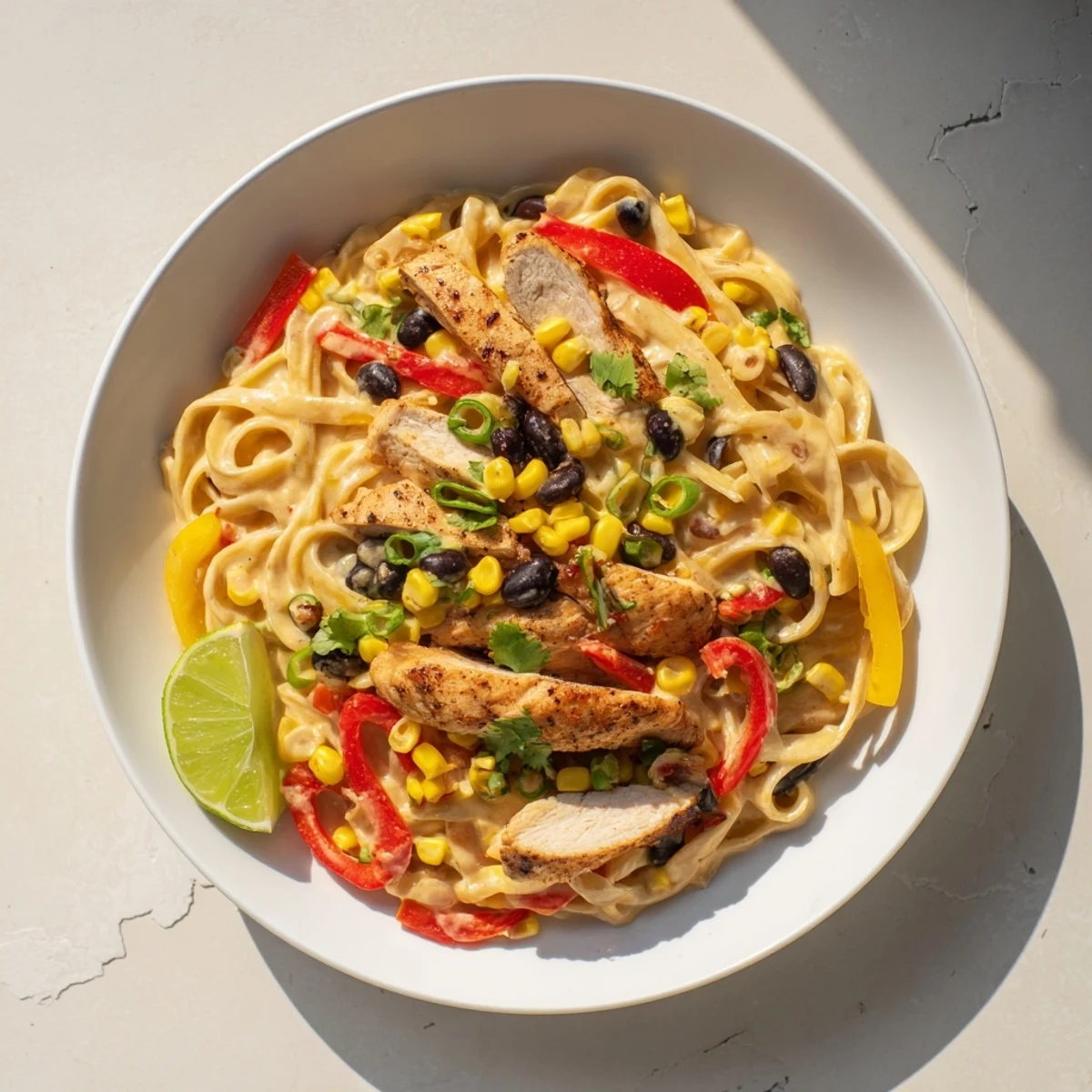 Southwest chicken Alfredo features tender spiced chicken over fettuccine tossed with corn, black beans, and parmesan cream sauce