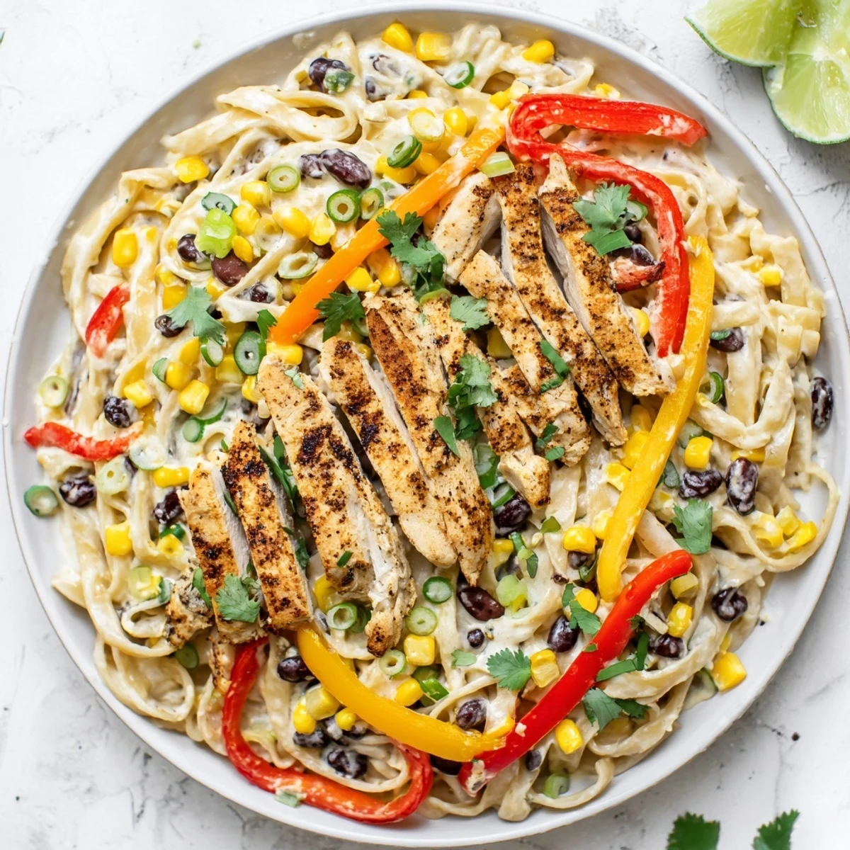 Plate of Southwest chicken Alfredo garnished with fresh cilantro and lime wedges beside smoky sliced chicken