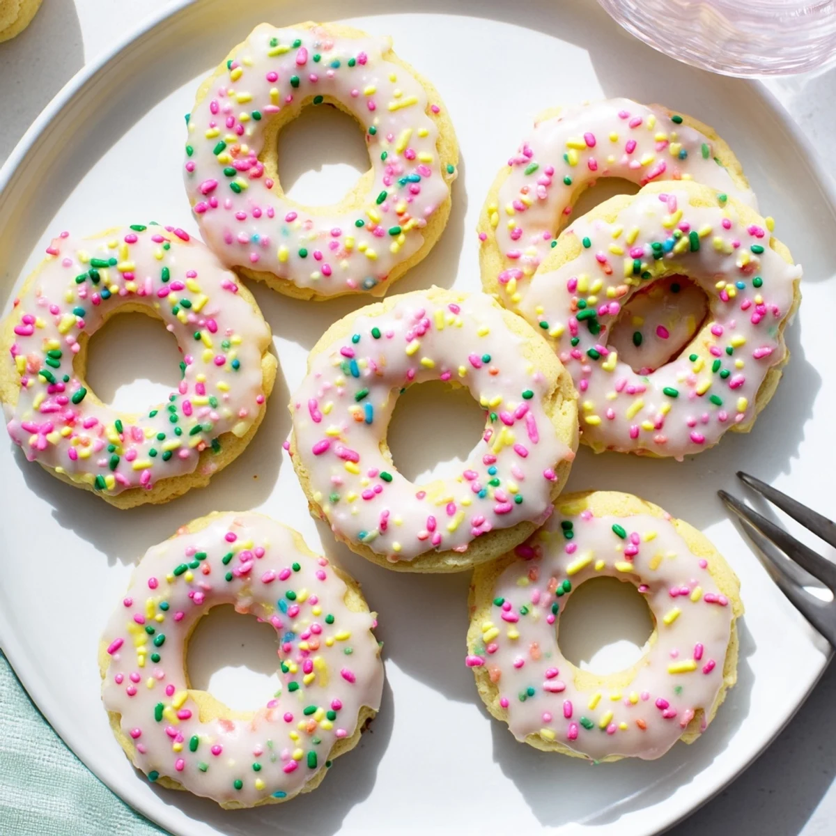 Soft Italian Easter cookies topped with pastel vanilla glaze and colorful sprinkles on a white serving plate