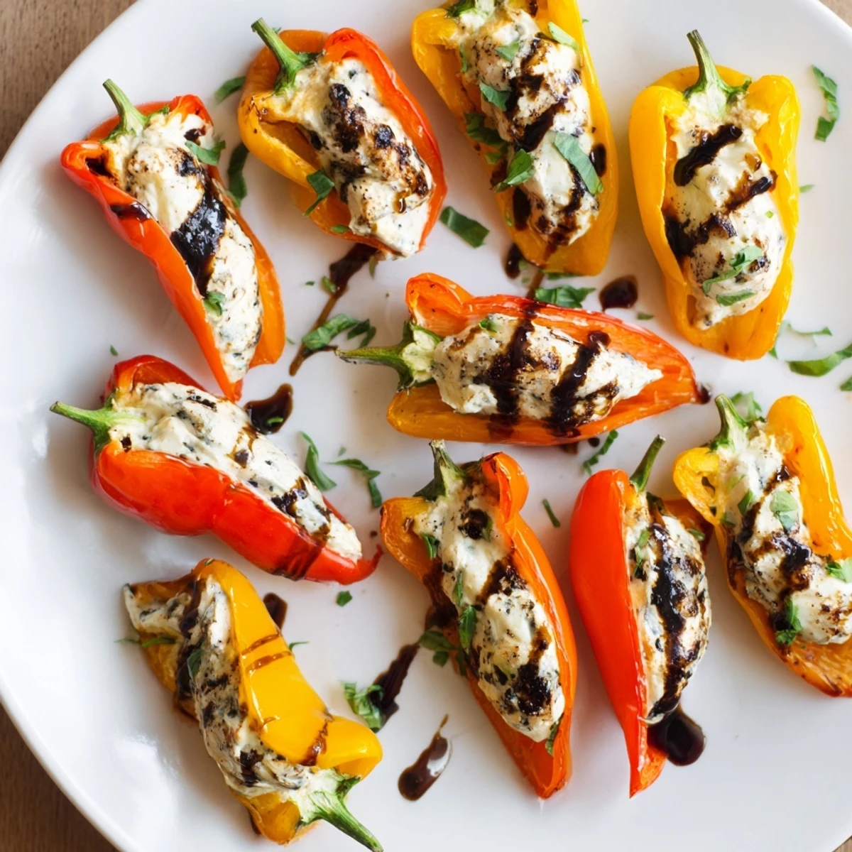 Colorful roasted goat cheese stuffed mini peppers arranged on a white serving platter with fresh herb garnish