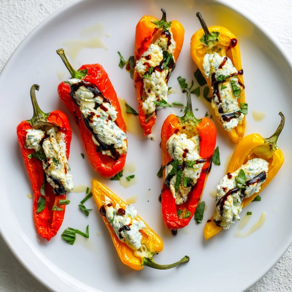 Golden sweet pepper halves filled with creamy herbed goat cheese after roasting to tender perfection