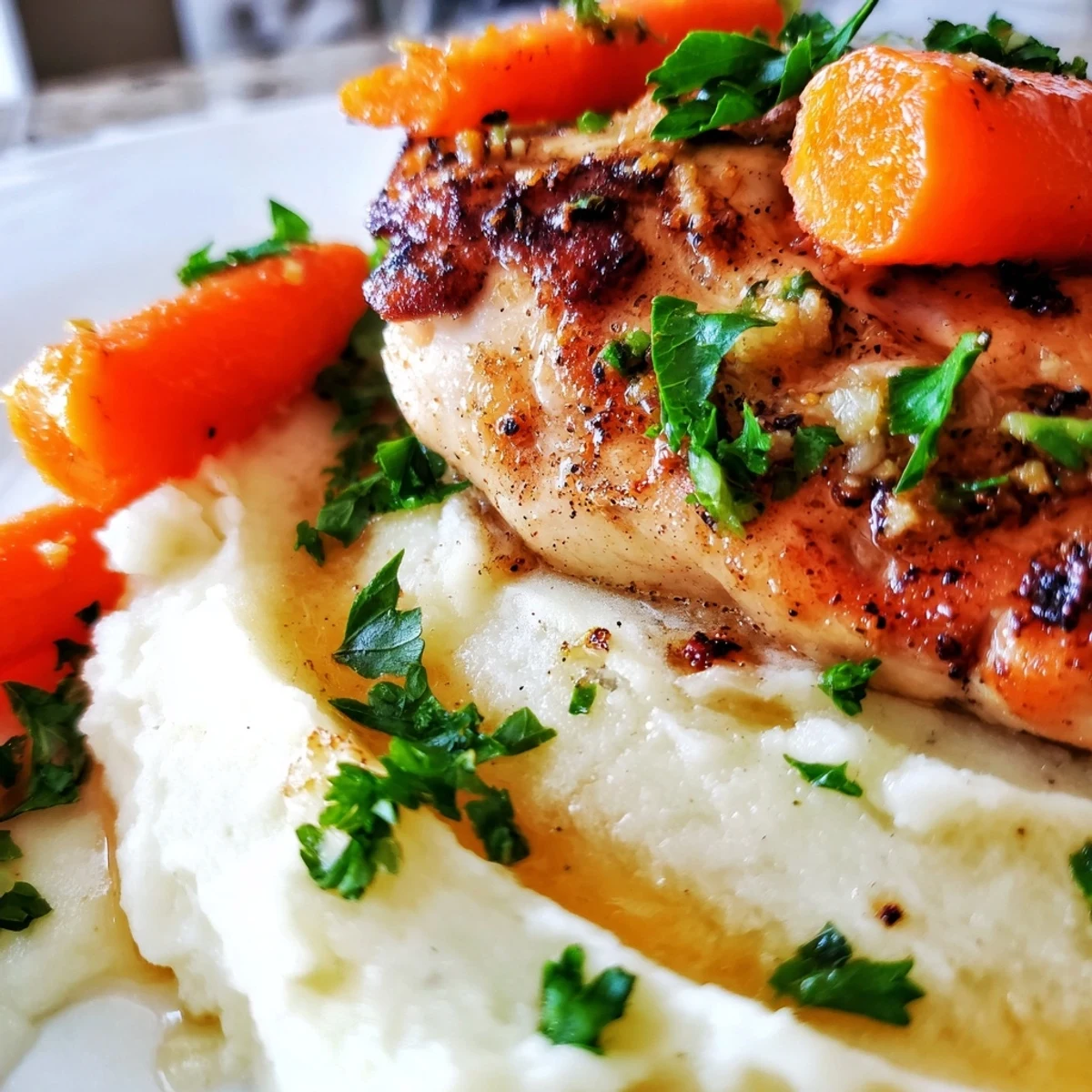 Comforting dinner of tender marinated chicken served alongside velvety potatoes and sweet glazed carrots