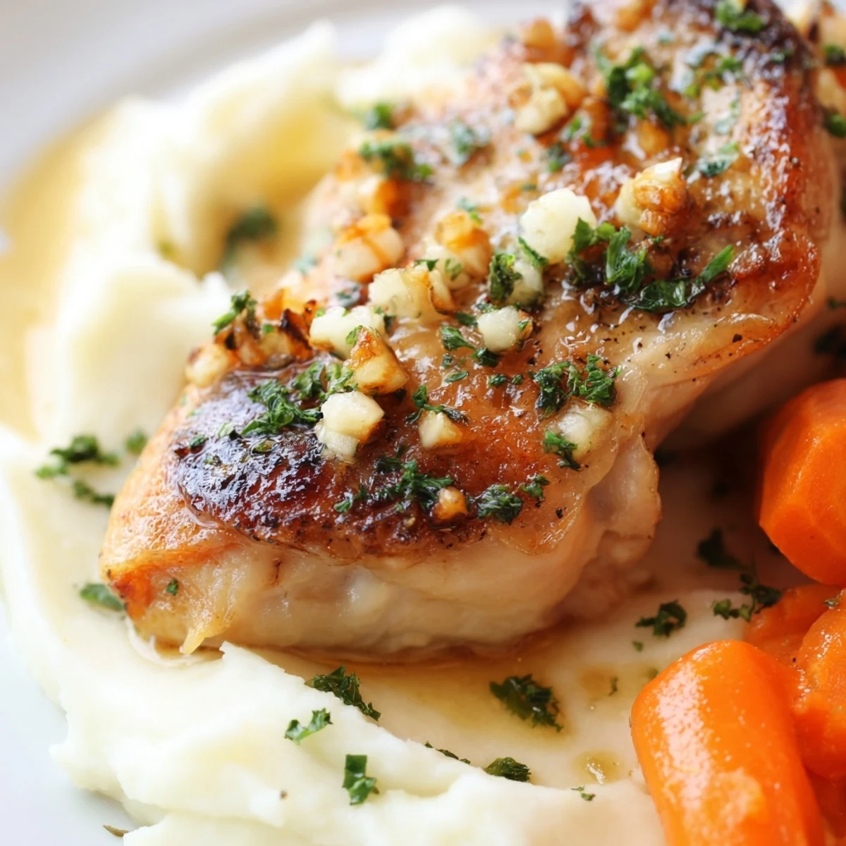 Golden garlic herb chicken breast plated with buttery mashed potatoes and honey glazed carrots