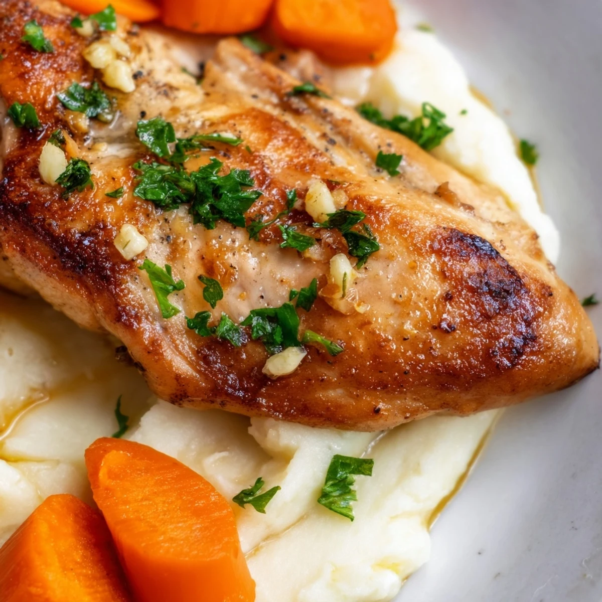 Juicy herb seasoned chicken with creamy mashed potatoes and shiny honey butter carrot rounds
