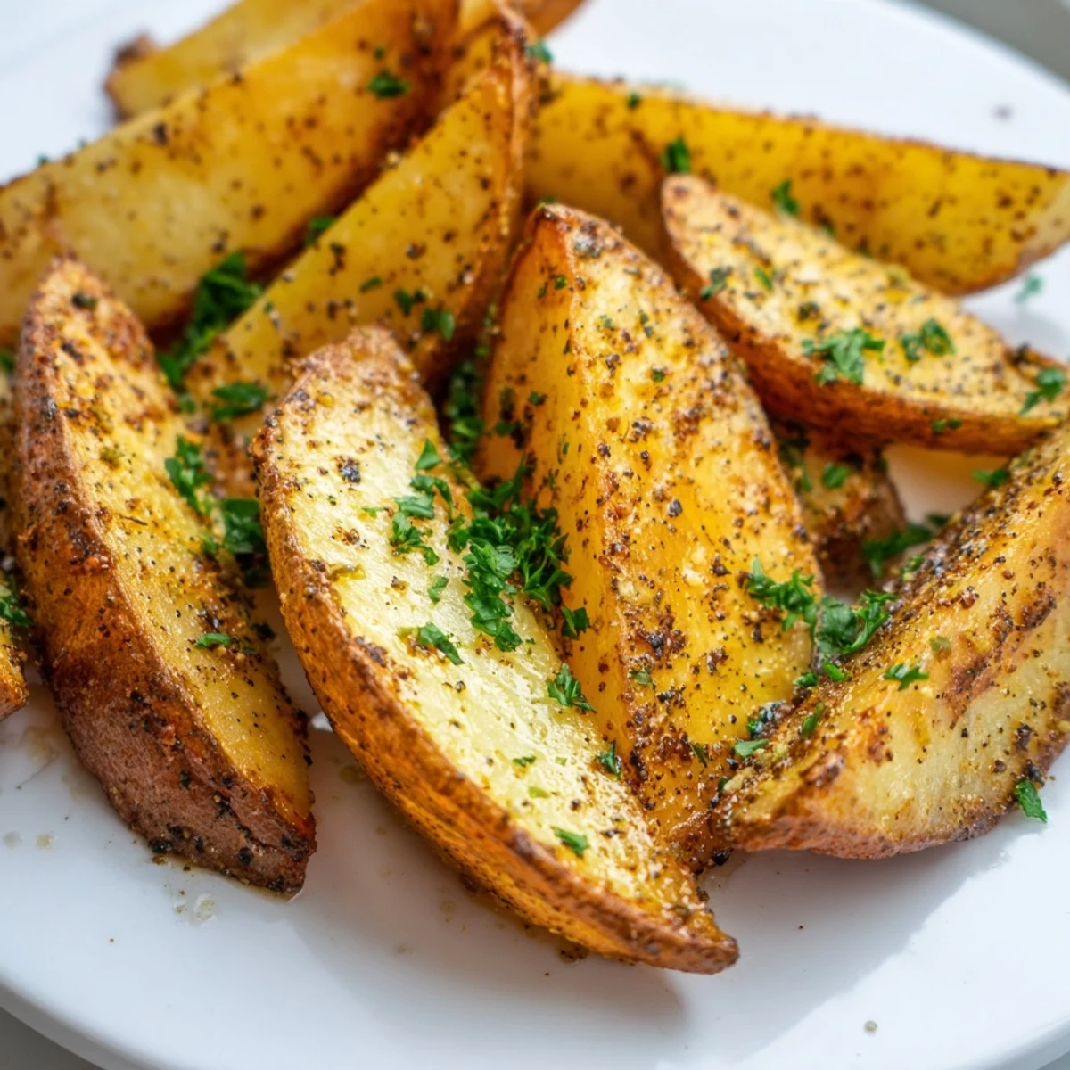 Golden brown air fryer potato wedges seasoned with paprika and garlic powder.
