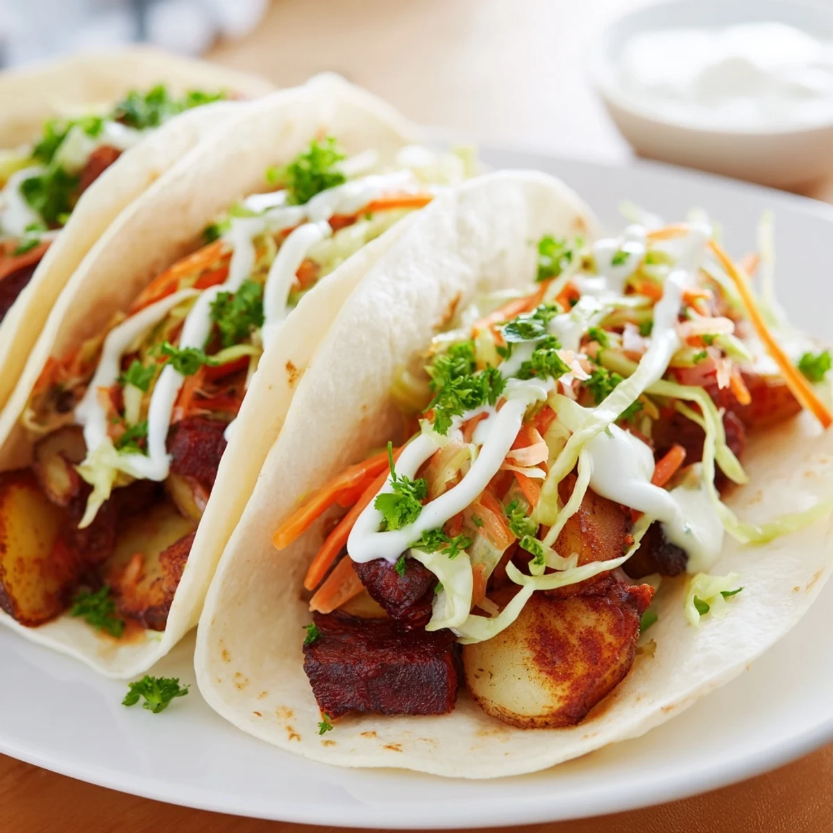 Flavorful Irish Mexican fusion tacos piled high with shredded corned beef, golden potatoes, and zesty cabbage slaw
