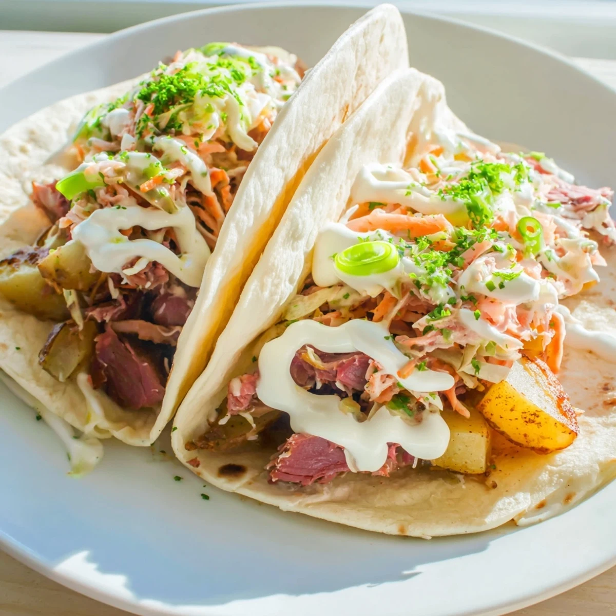 Hearty Irish tacos featuring savory corned beef and crispy potato topping topped with tangy cabbage slaw
