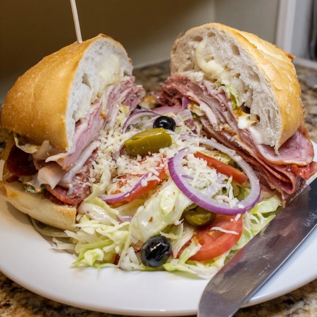 Golden hoagie roll overflowing with layered Italian meats and tangy dressed salad
