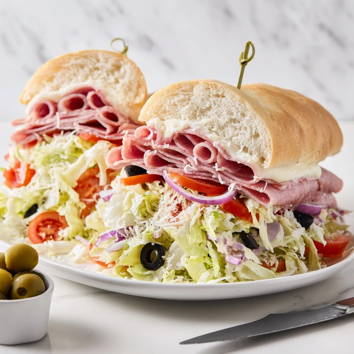 Mouthwatering Italian grinder salad sandwich with melty provolone and crisp vegetable toppings