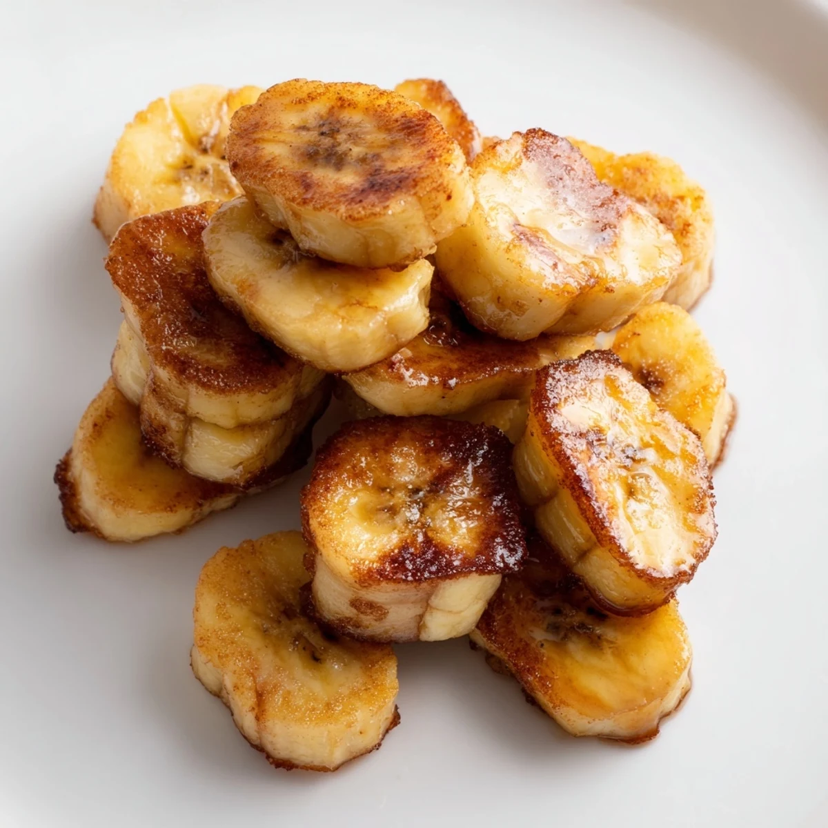 Warm cinnamon sugar coated banana slices sizzling in a pan until golden and tender for dessert