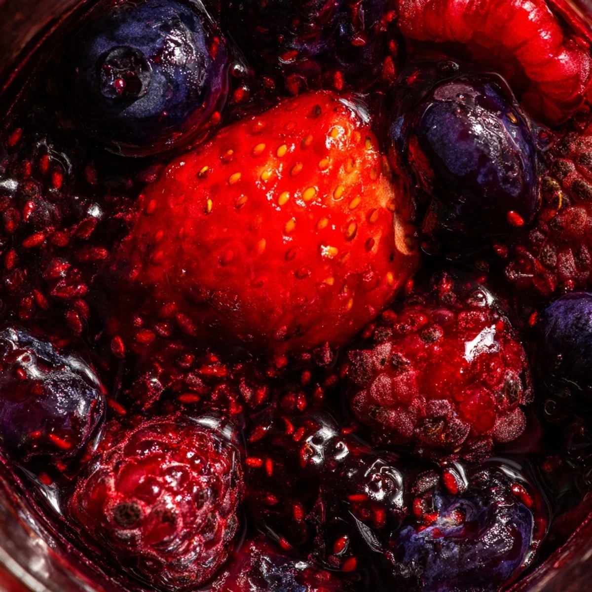 Homemade easy berry chia seed jam spread thickly on toasted artisan bread with fresh berry garnish