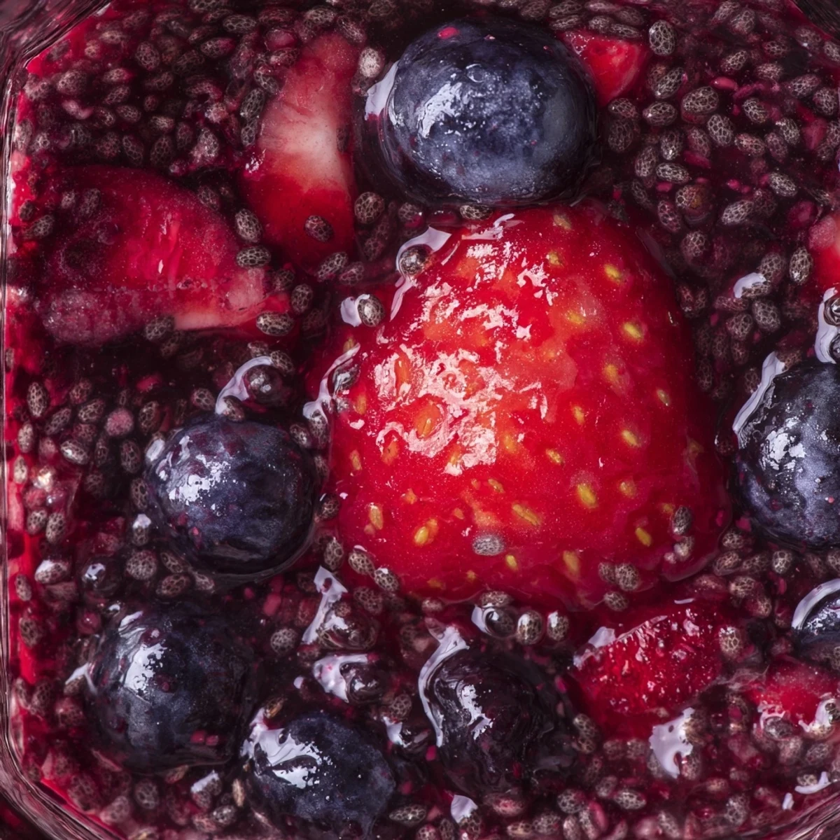 Vibrant easy berry chia seed jam in a glass jar, showcasing its deep purple, spoonable texture