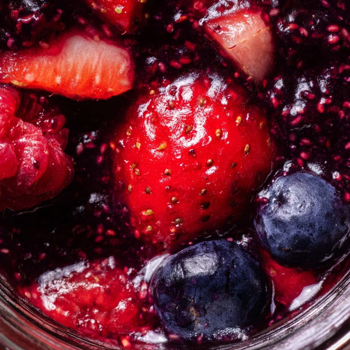 Spoonful of easy berry chia seed jam held above a bowl of mixed fresh berries