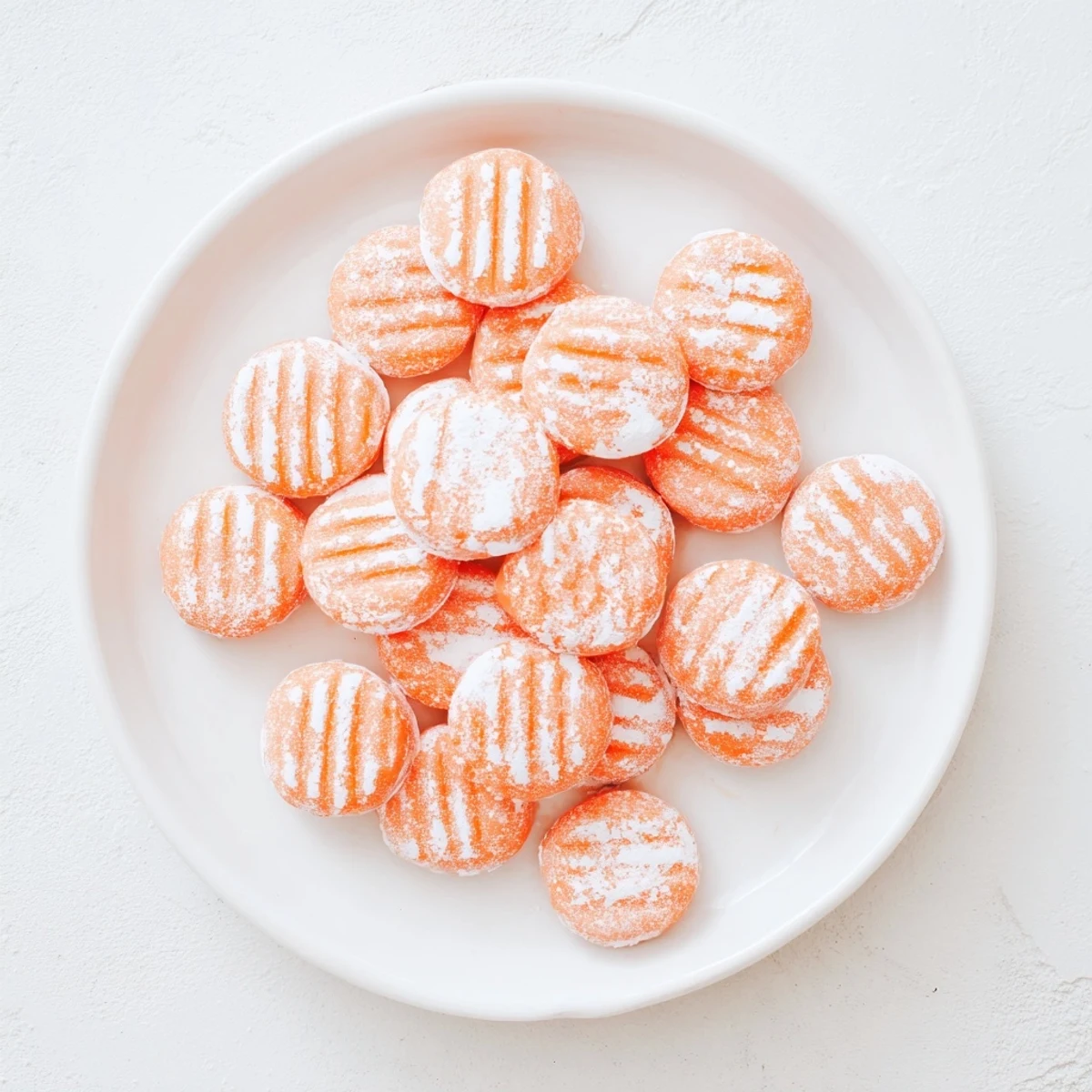 Homemade orange cream cheese mints arranged on a white serving platter with powdered sugar dusting