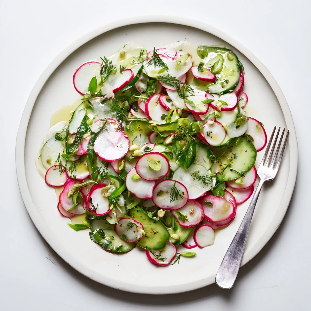 Fresh radish and cucumber salad arranged in a white serving bowl with vibrant green dill garnish