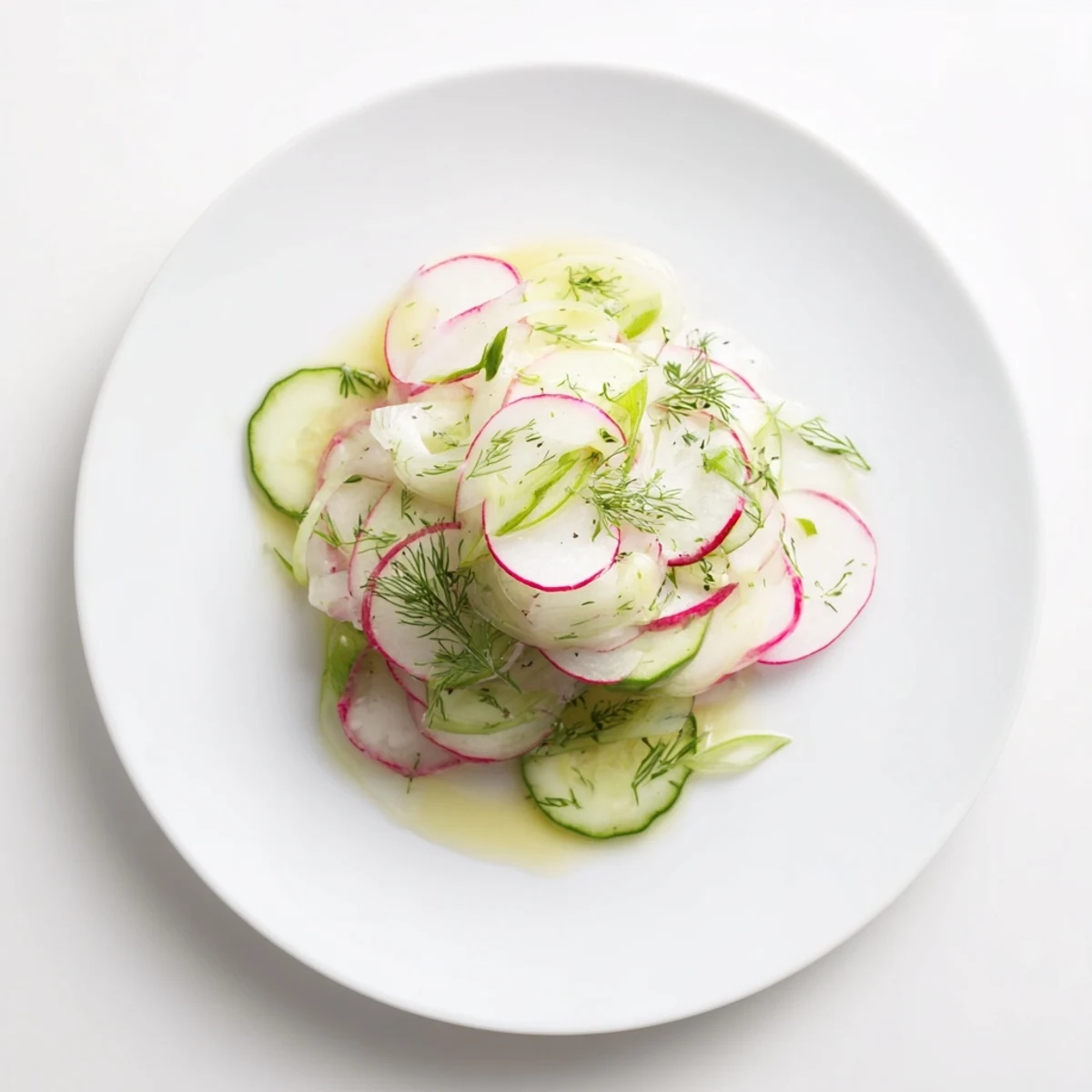 Colorful radish and cucumber salad plated with light dressing and fresh herbs for summer dining