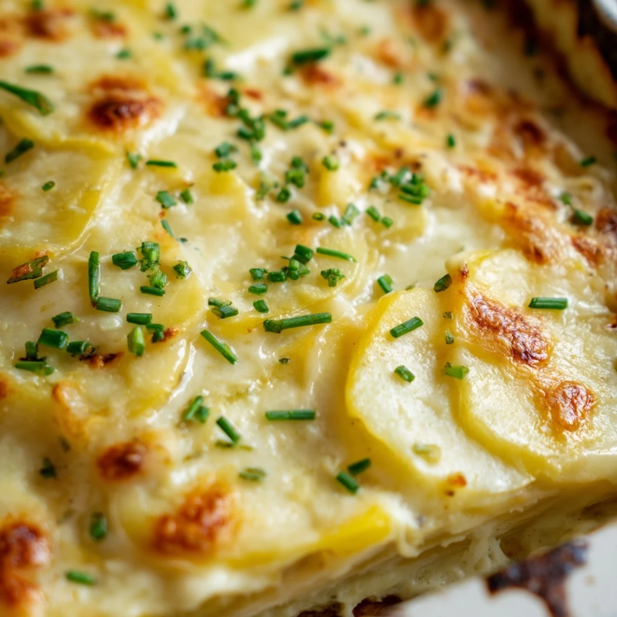 Golden potatoes au gratin with Gruyère cheese bubbling in a creamy baked casserole dish