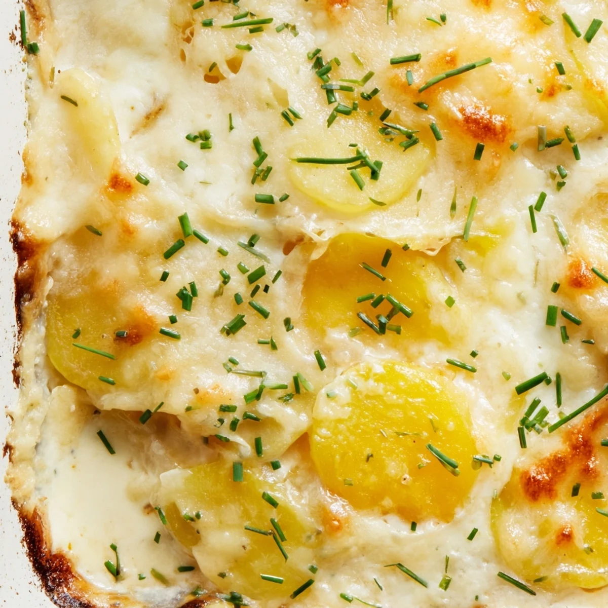Classic French-style potatoes au gratin with buttery slices and golden brown cheese crust