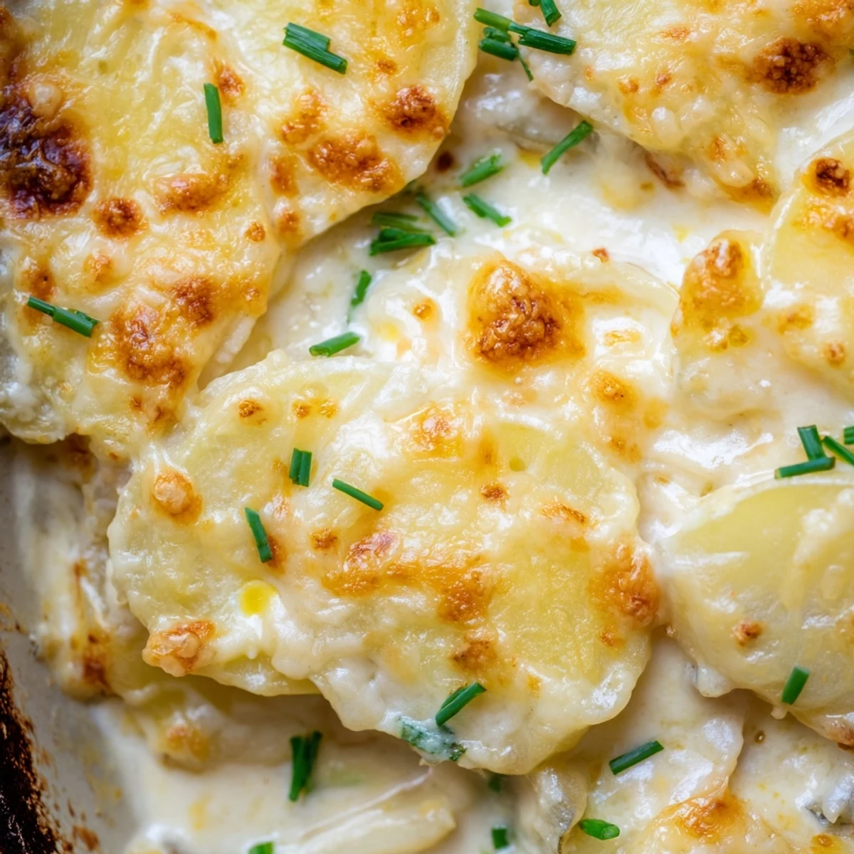 Tender layered potatoes baked in rich cream sauce with melted Gruyère topping