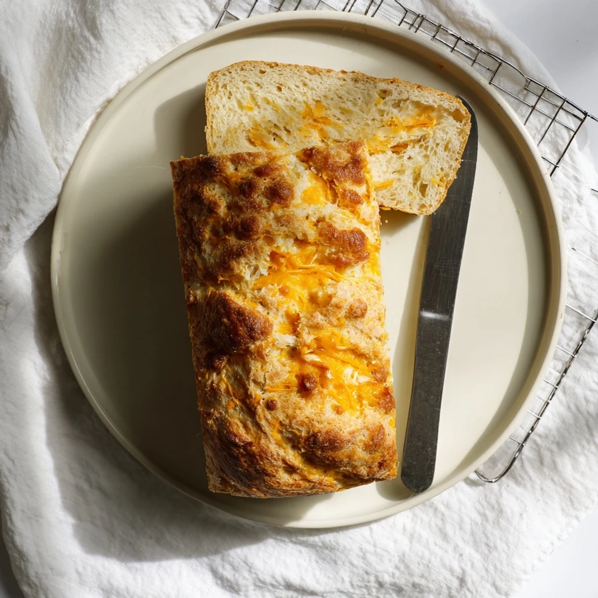 Rustic artisan loaf featuring sharp cheddar baked throughout the tender golden crumb