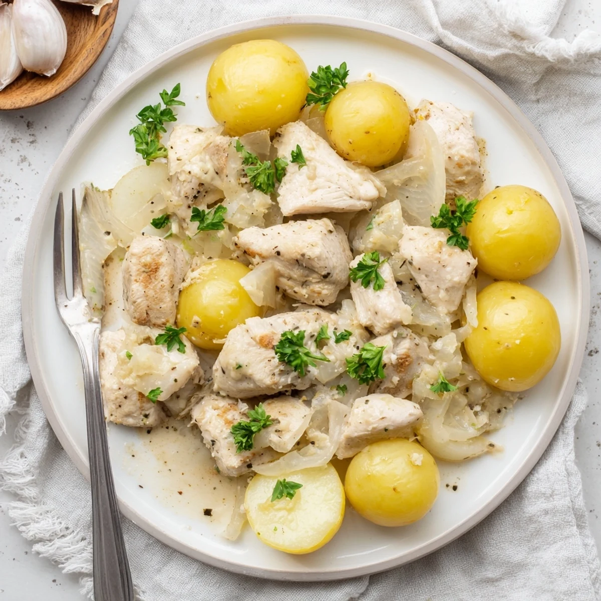 Comforting one-pot slow cooker garlic Parmesan chicken and potatoes garnished with fresh parsley and extra grated cheese