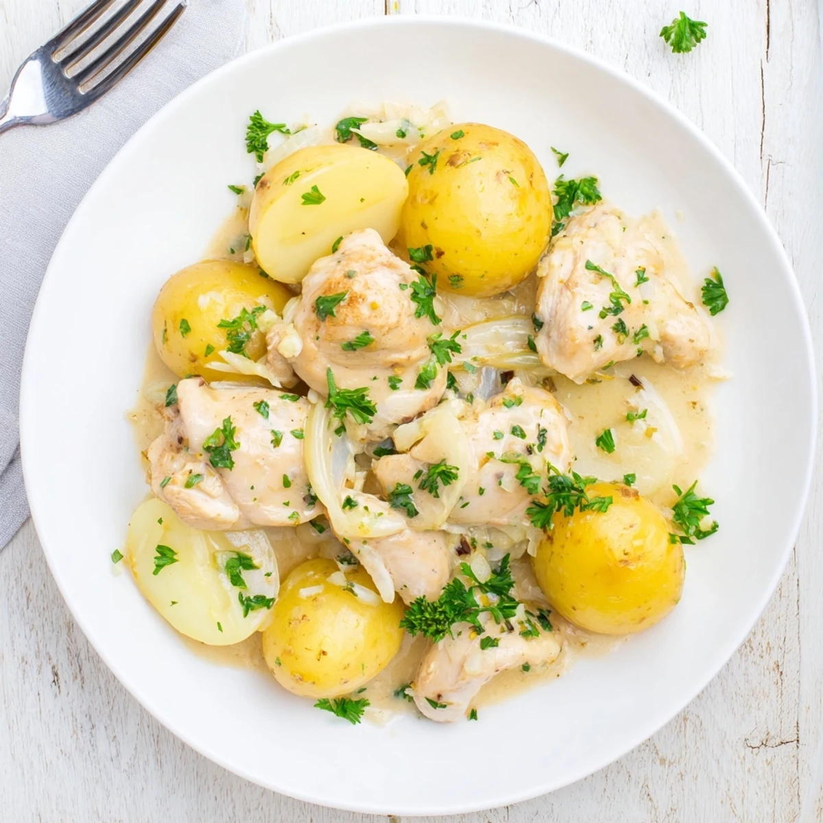 Golden brown slow cooker garlic Parmesan chicken breasts nestled beside tender baby potatoes in a creamy sauce