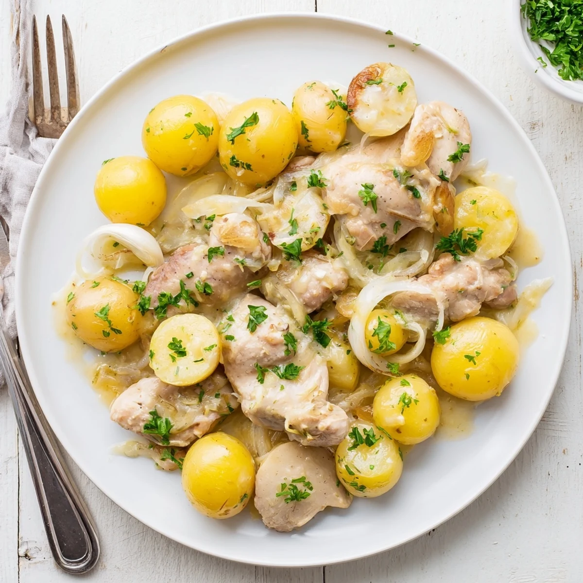 Fork-tender chicken and baby potatoes cooked slowly with garlic butter and melted Parmesan in a rustic crockpot meal