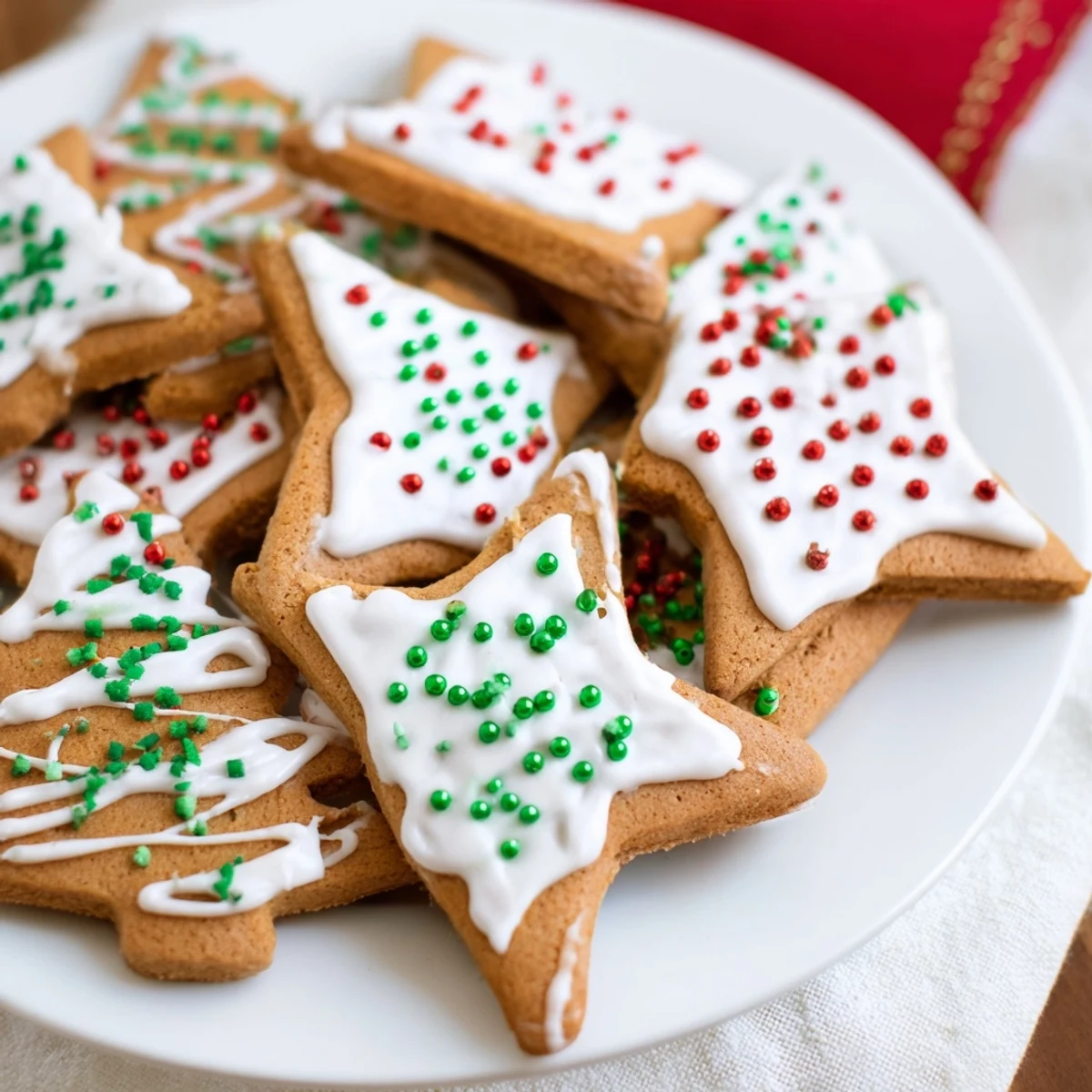 Soft homemade gingerbread cookies decorated with white icing and colorful sprinkles on a white plate