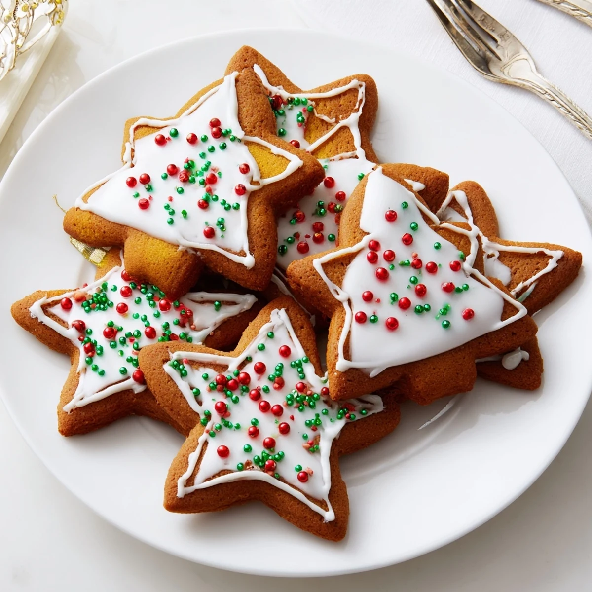 Classic cut out gingerbread cookies arranged on a wooden cutting board with festive royal icing designs