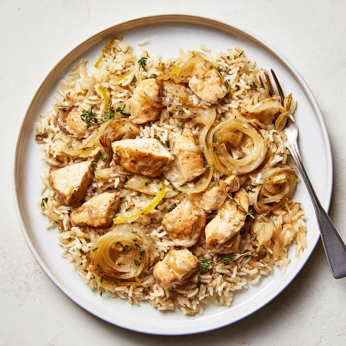 Golden brown chicken breasts rest atop creamy rice with melted Gruyère and sweet caramelized onions in a cozy skillet