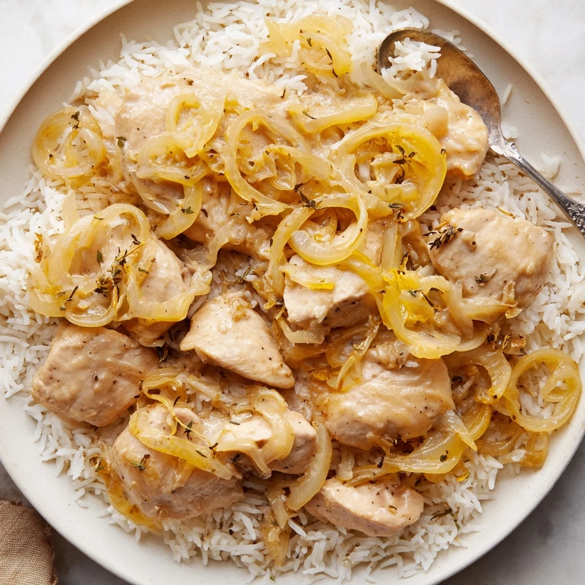 Comforting one-pot meal featuring seared chicken nestled in rice with golden onions and thyme in a velvety cream sauce