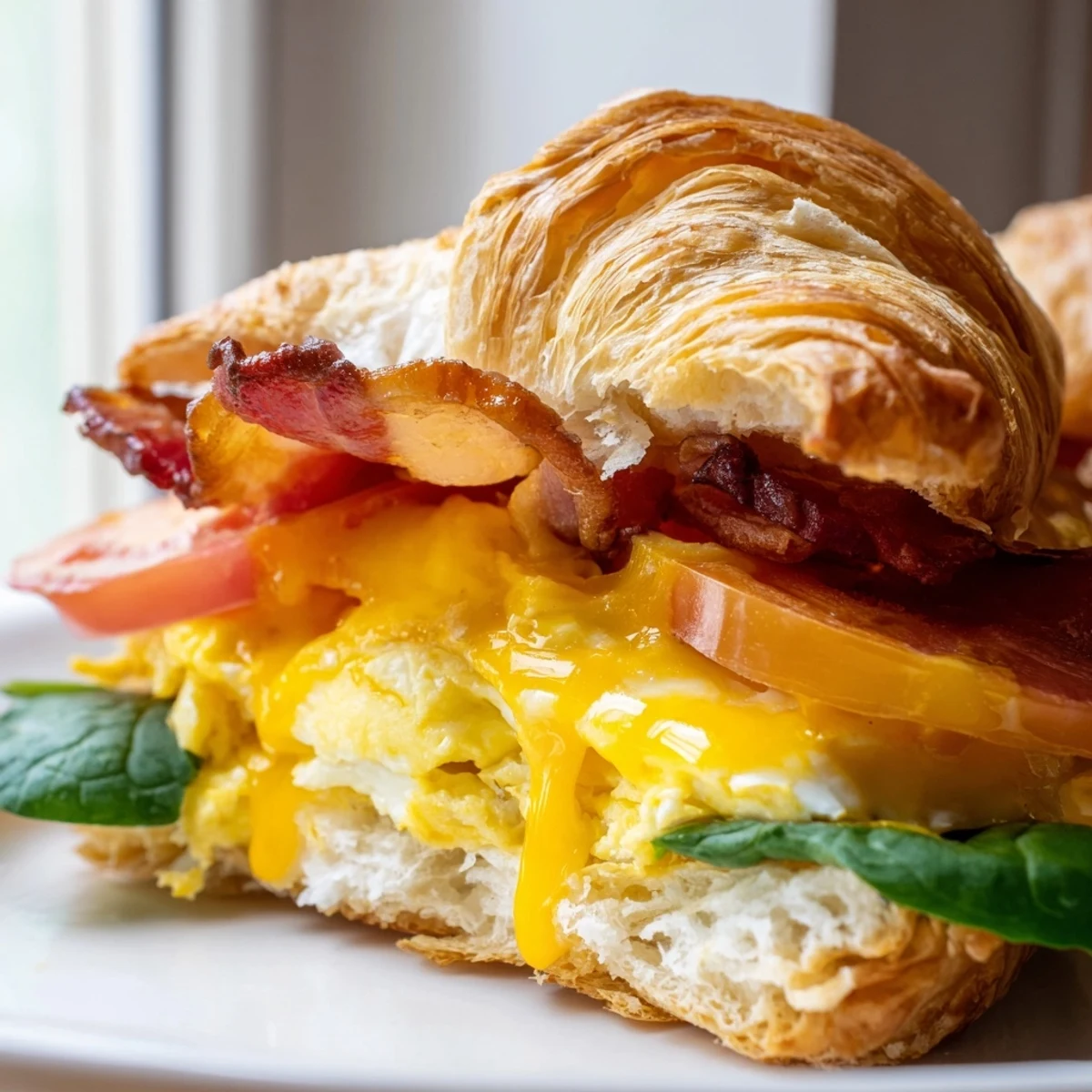 Golden flaky croissant breakfast sandwich stacked with scrambled eggs, crispy bacon and melted cheddar cheese