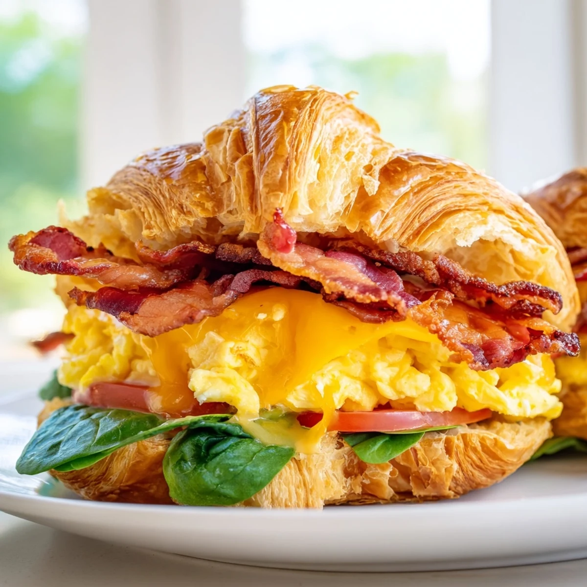 Indulgent croissant breakfast sandwich cut in half revealing layers of egg, bacon, tomato and melted cheese slices