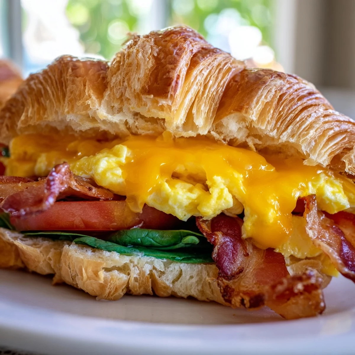 Savory croissant breakfast sandwich featuring fluffy eggs, smoky bacon, fresh spinach and gooey cheese on a wooden board