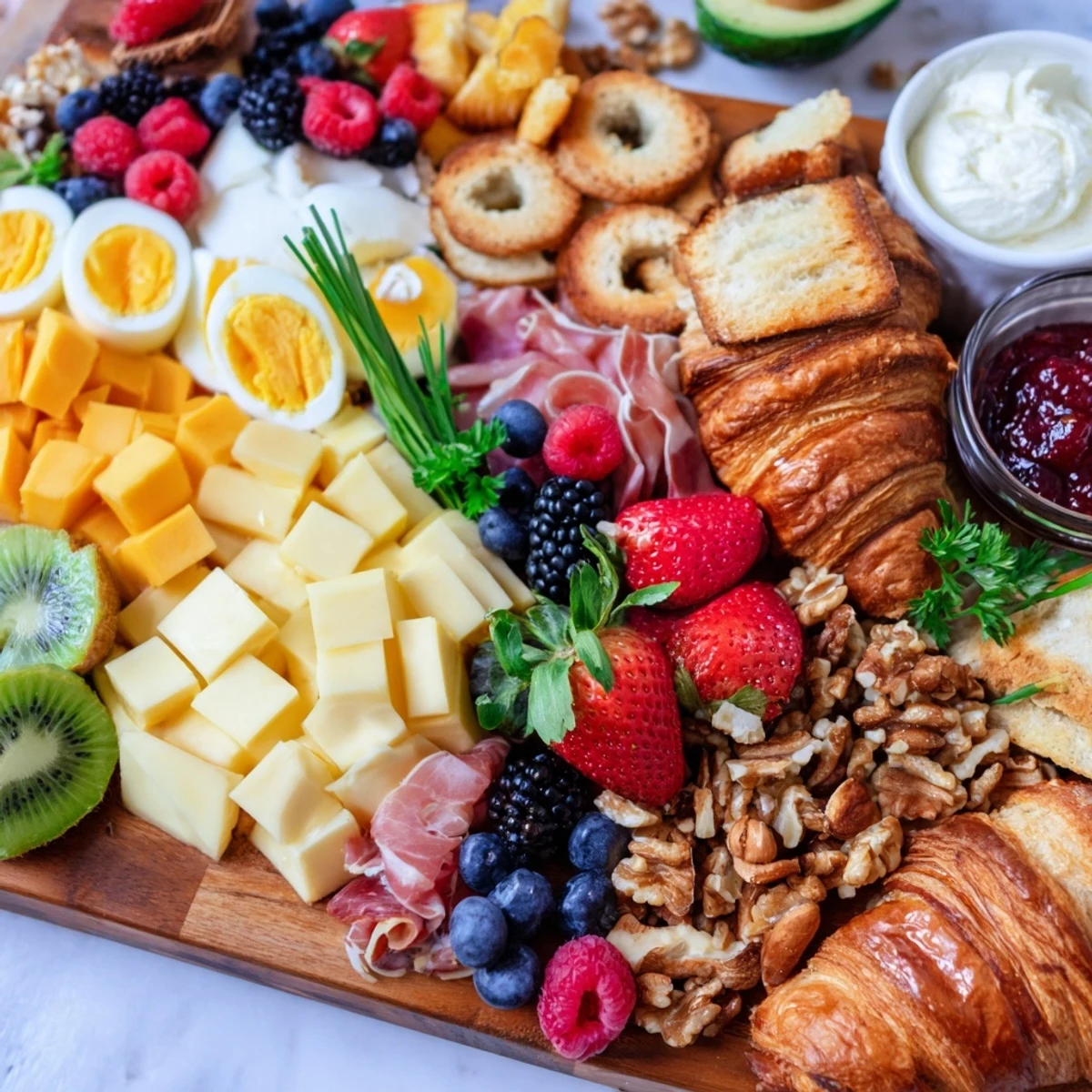 Colorful breakfast charcuterie board featuring smoked salmon, boiled eggs, pastries, and honey for easy morning grazing
