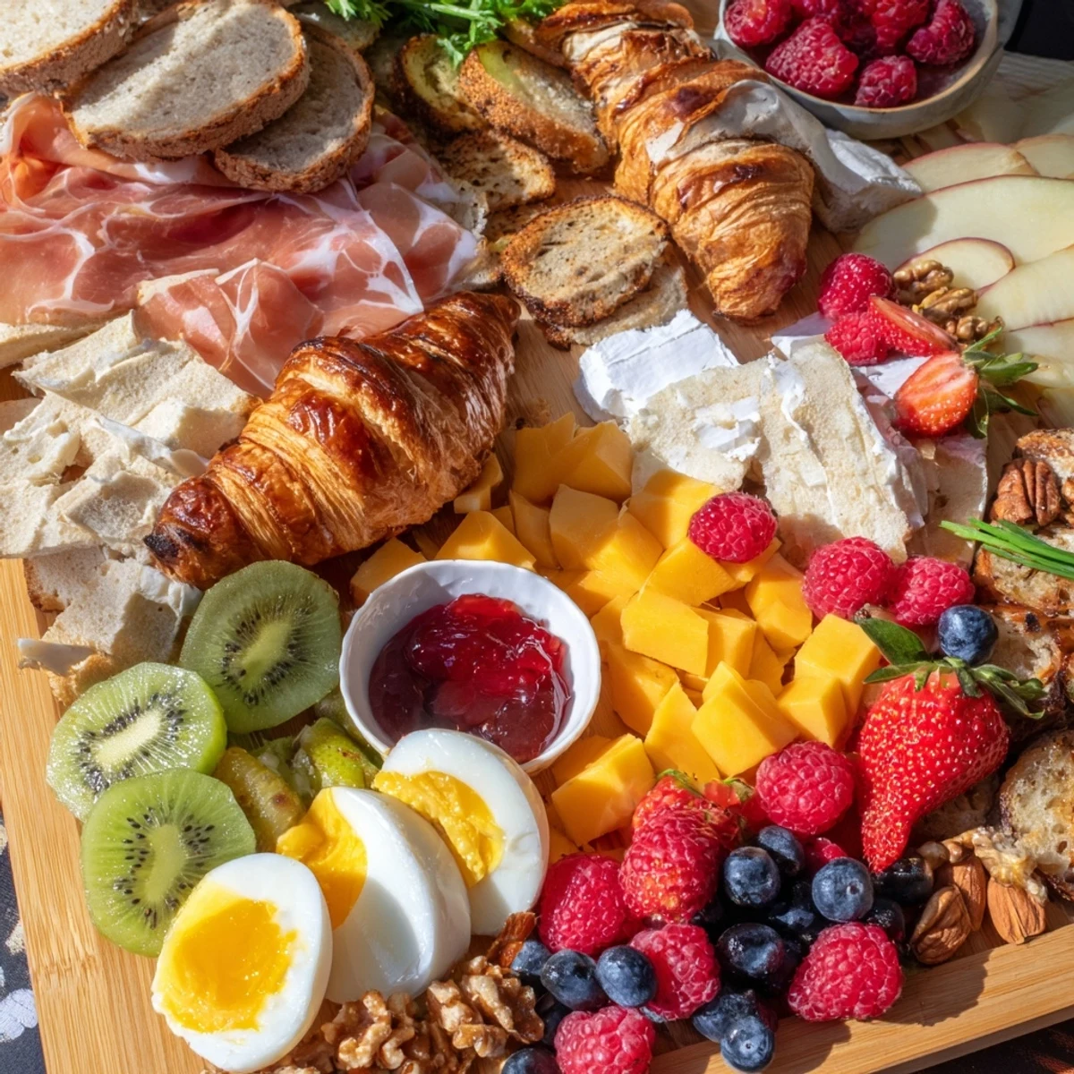 Golden breakfast charcuterie board arranged with prosciutto, brie, fresh berries, and croissants on a wooden platter