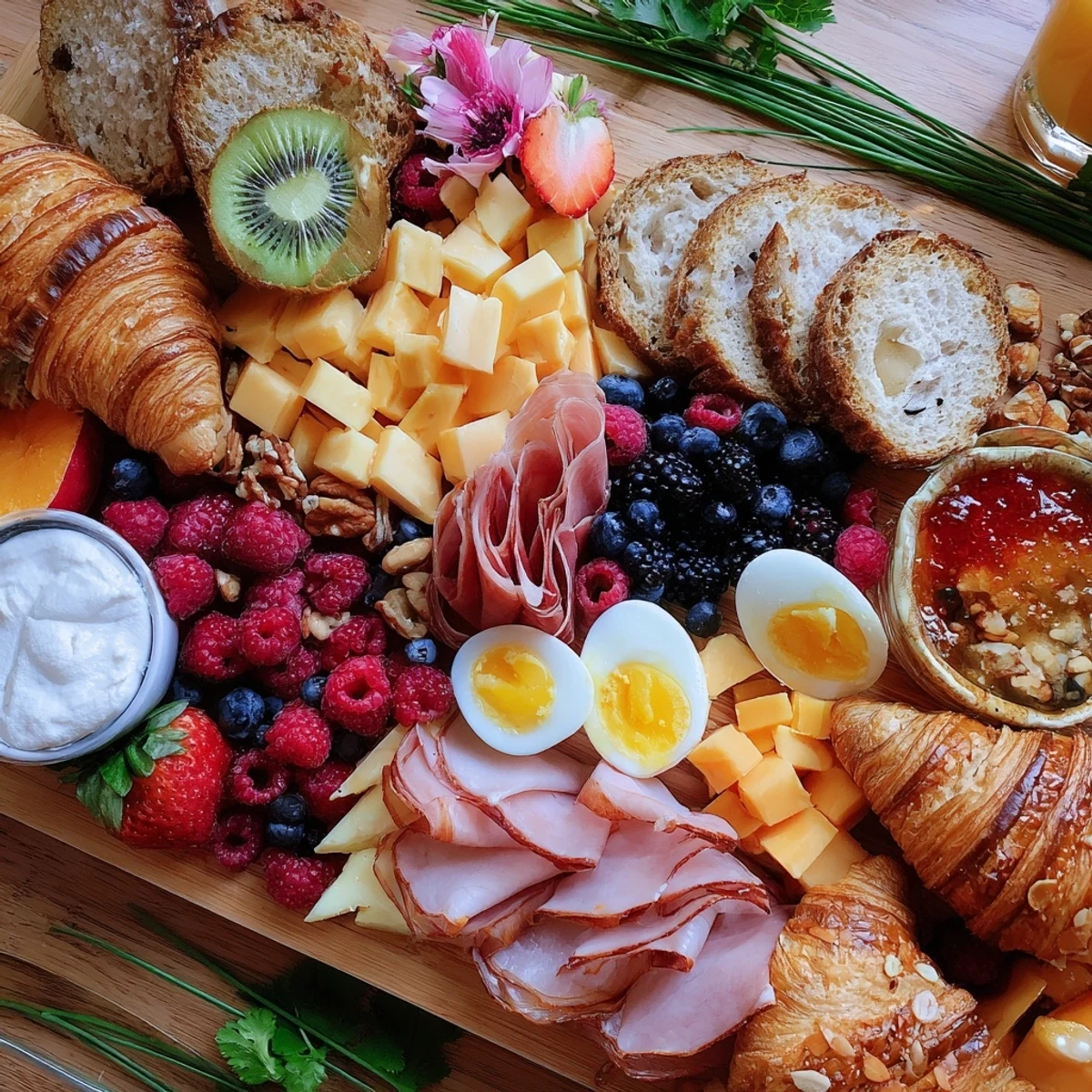 Savory breakfast charcuterie board loaded with bacon, cheddar cubes, mixed fruits, and spreads for weekend entertaining