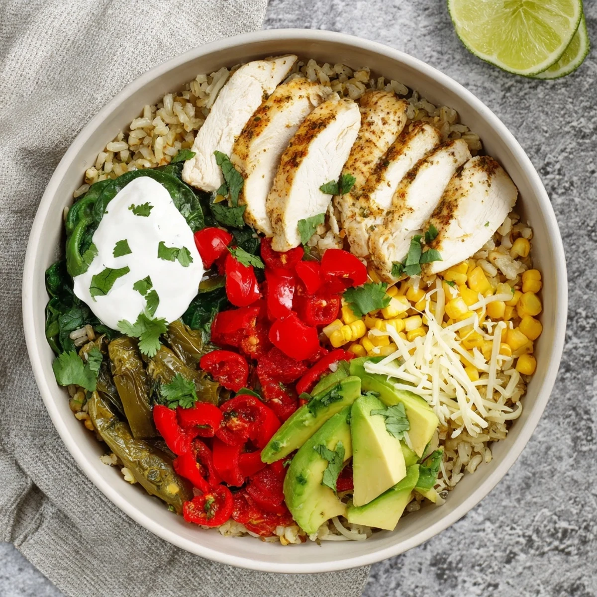 Savory Southwest spice green chile bowl brimming with seasoned chicken corn and melted cheese
