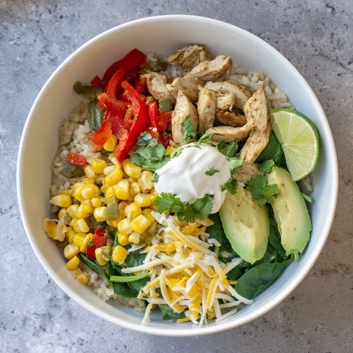 Colorful Southwest spice green chile bowl topped with tender chicken avocado and fresh cilantro