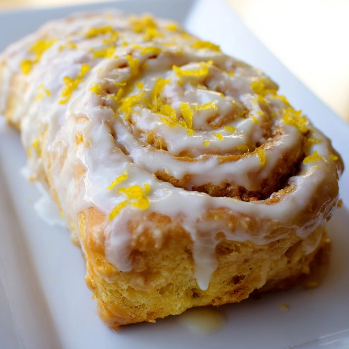 Golden homemade lemon rolls topped with tangy white glaze and fresh lemon zest