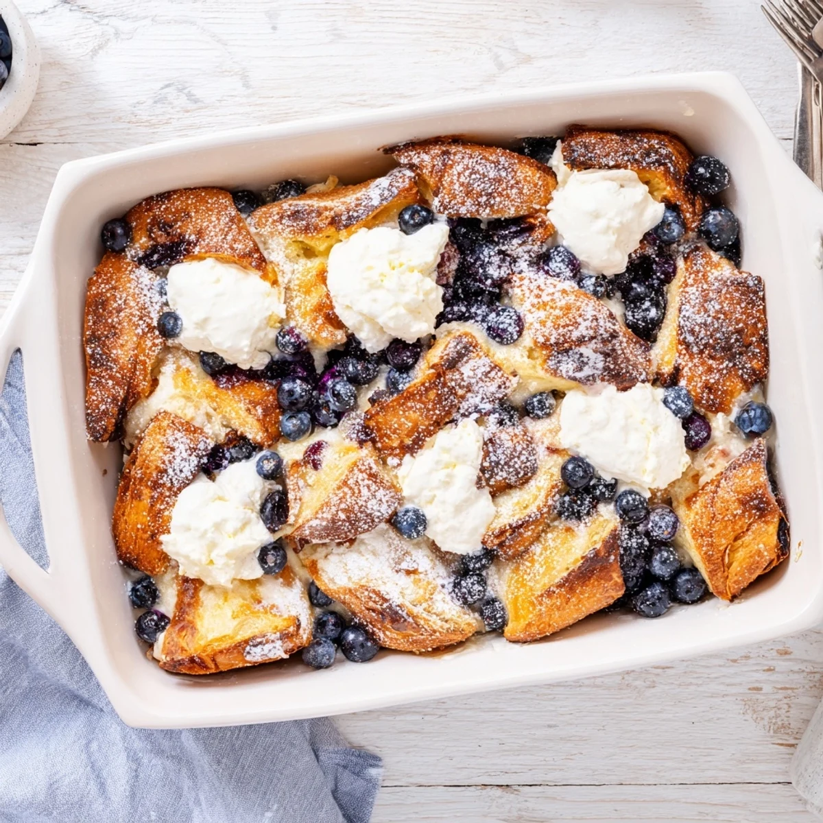 Golden blueberry cream cheese croissant casserole with bubbling fruit and custard soaked pastry layers