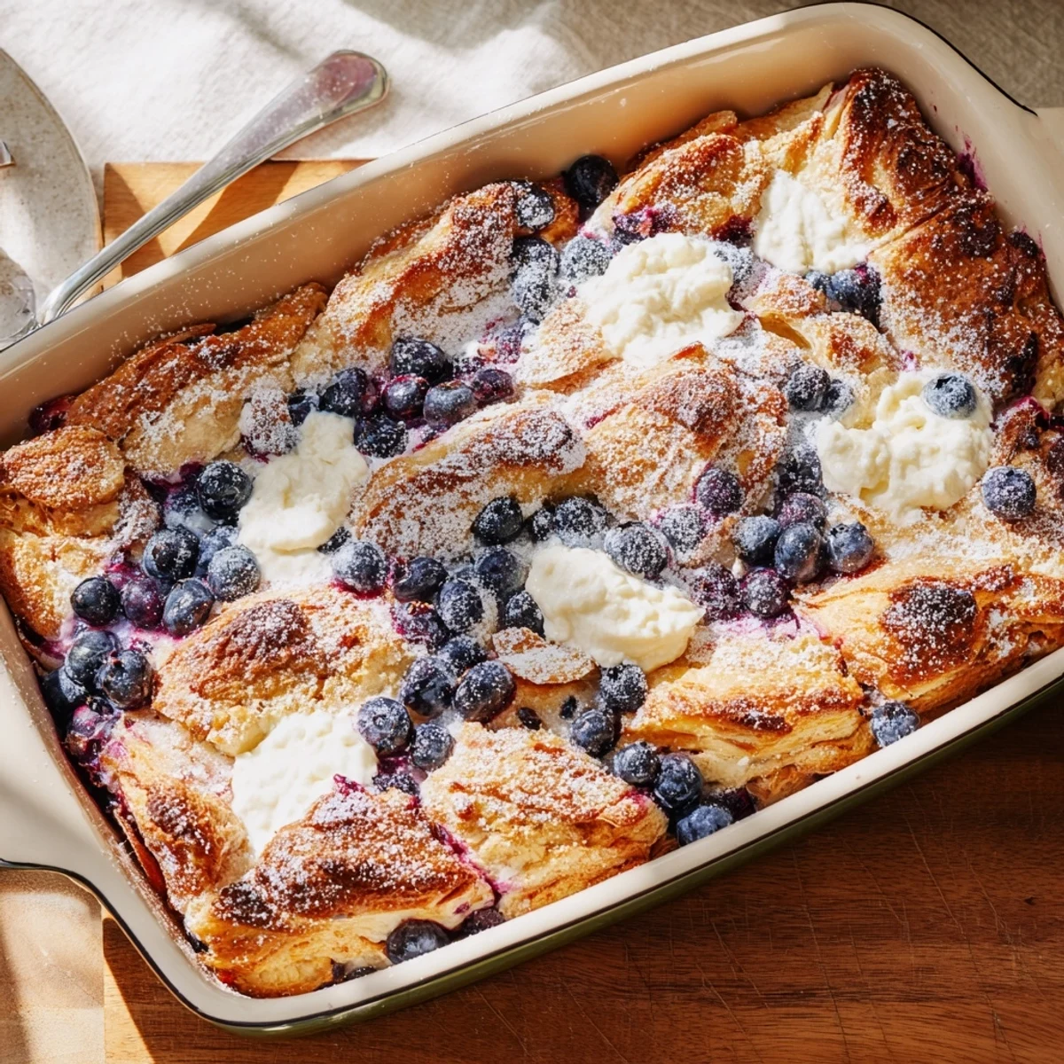 Fresh blueberry cream cheese croissant casserole served warm with powdered sugar dusting on top