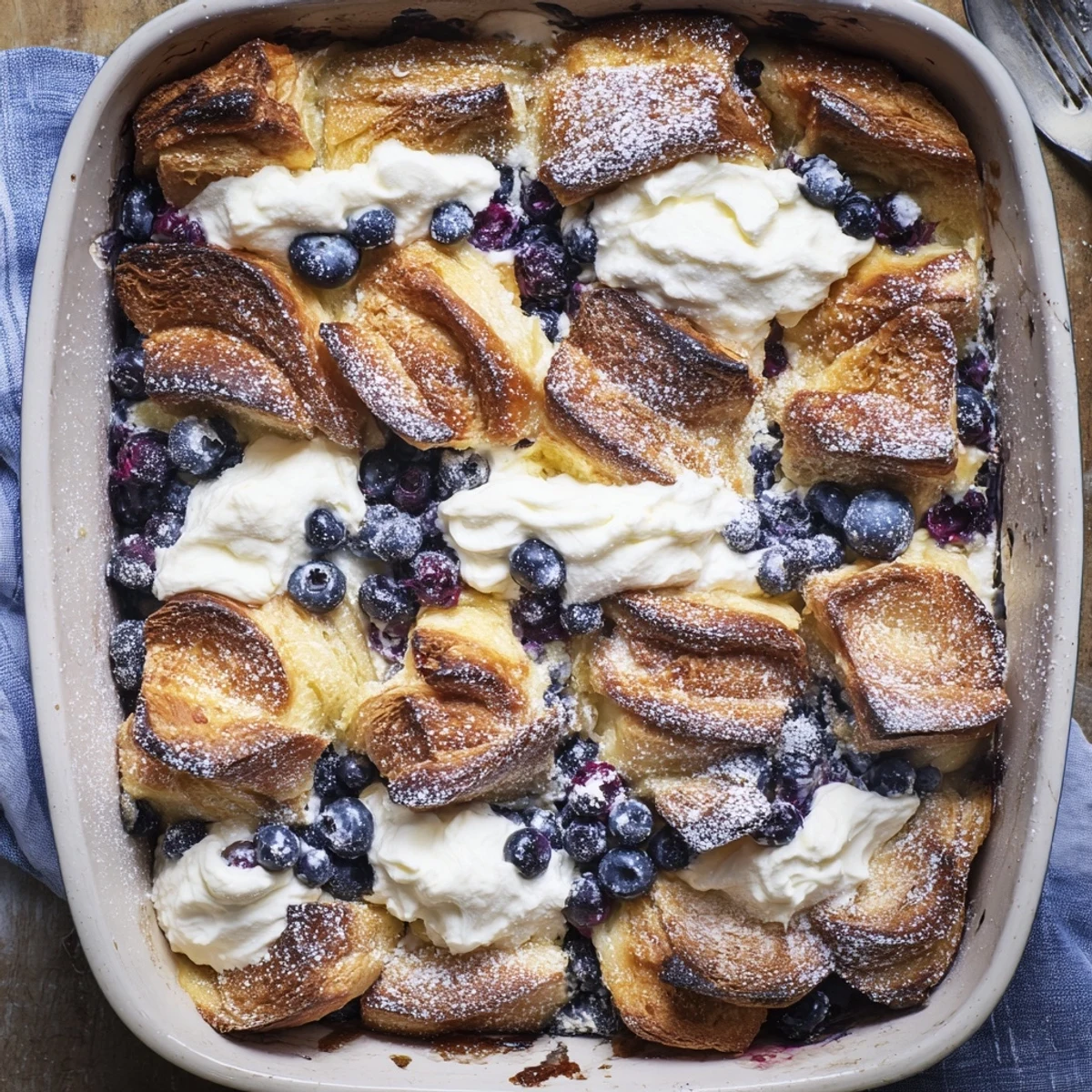 Baked blueberry cream cheese croissant casserole featuring flaky pastry layers and creamy fruit filling