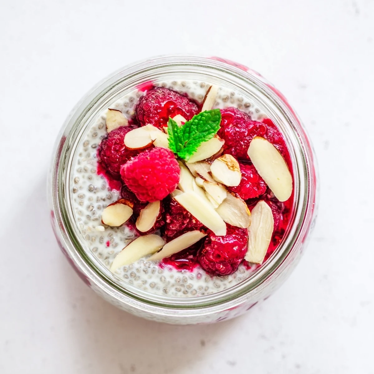 Creamy raspberry chia pudding sweetened with maple syrup in layered glass jars