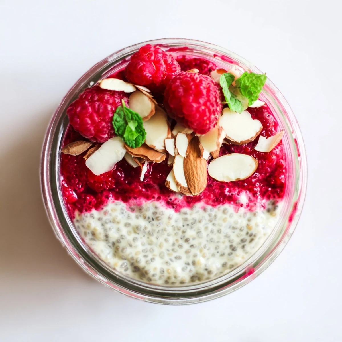 Vibrant raspberry chia pudding with maple syrup topped with fresh berries and mint