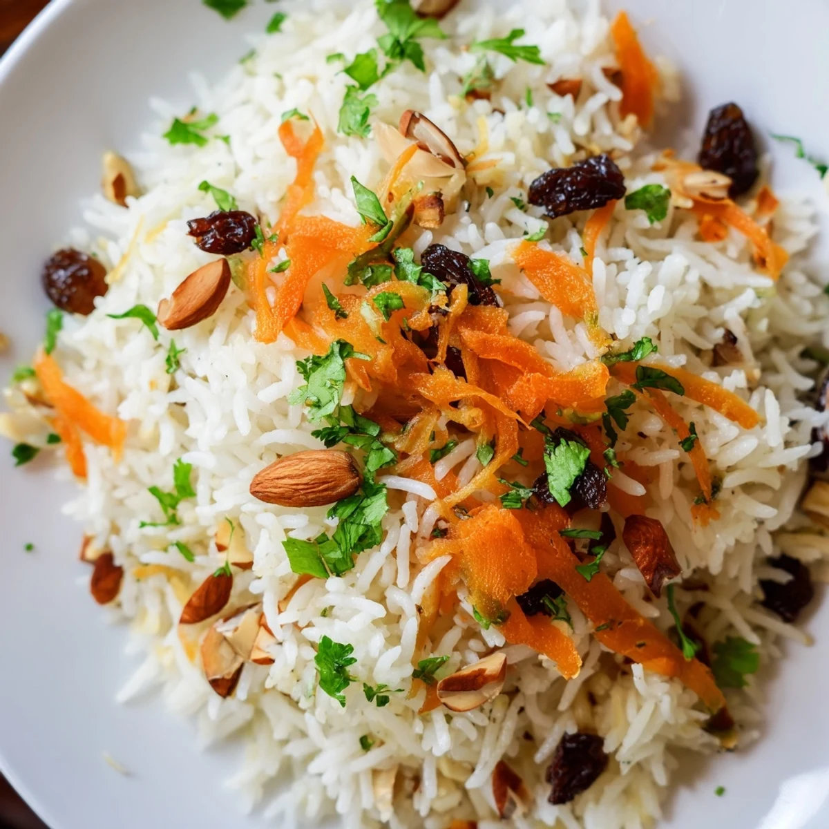 Golden Afghan rice topped with caramelized carrots, plump raisins, and fresh herbs