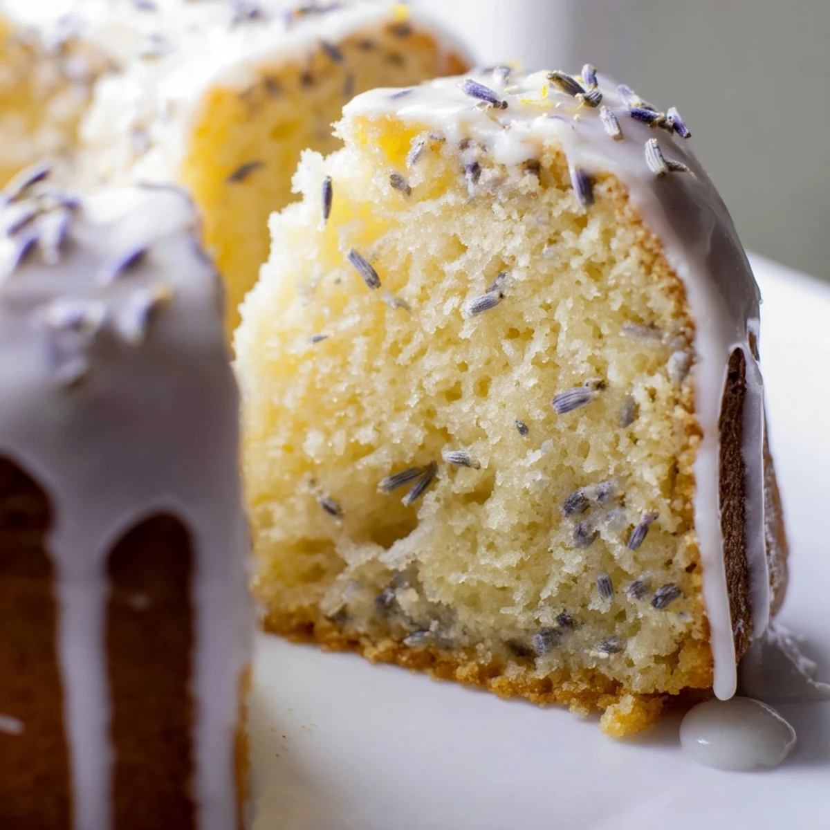 Fragrant lavender cake with lemon glaze drizzled over a tender golden crumb