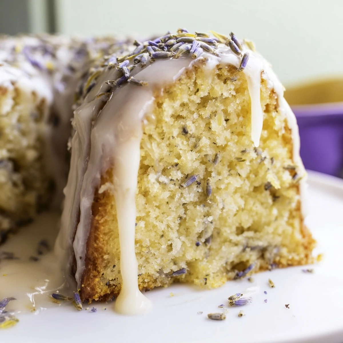 Soft lavender cake slices topped with sweet citrus icing and purple buds
